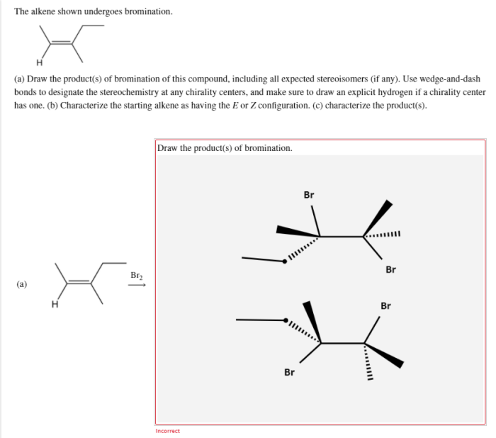 The alkene shown undergoes bromination