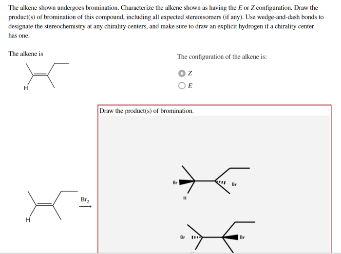 The alkene shown undergoes bromination