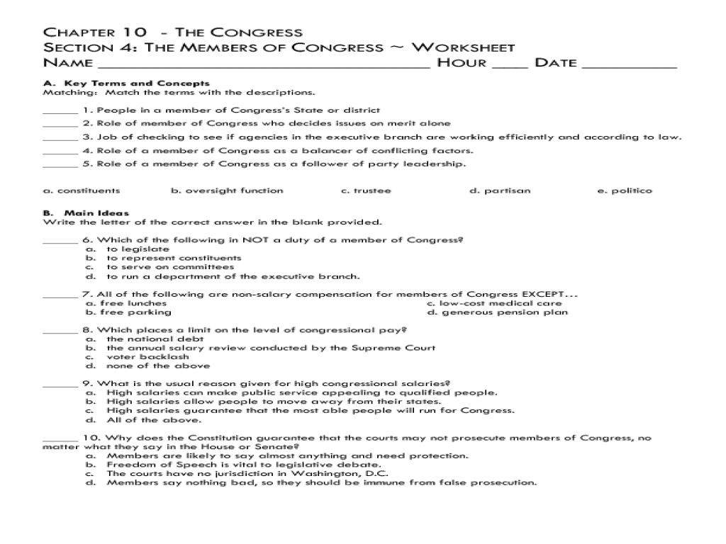 Congressional leadership worksheet answers part a