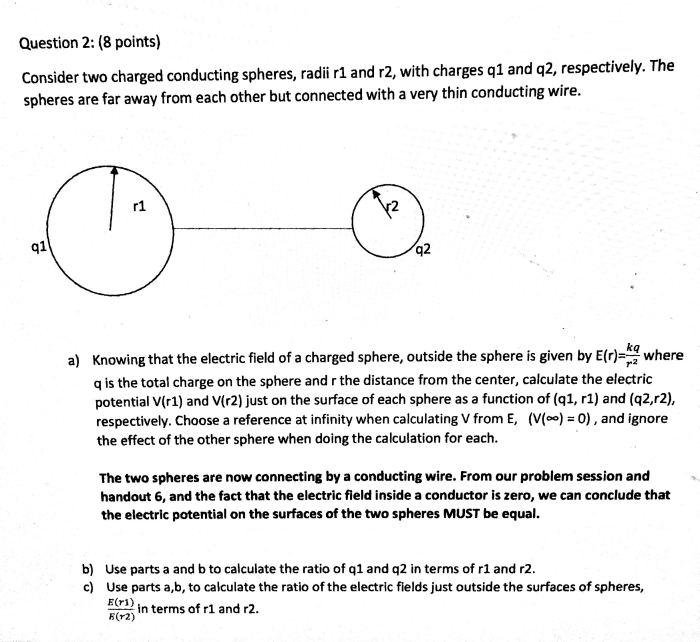 Two small metal spheres are connected by a wire