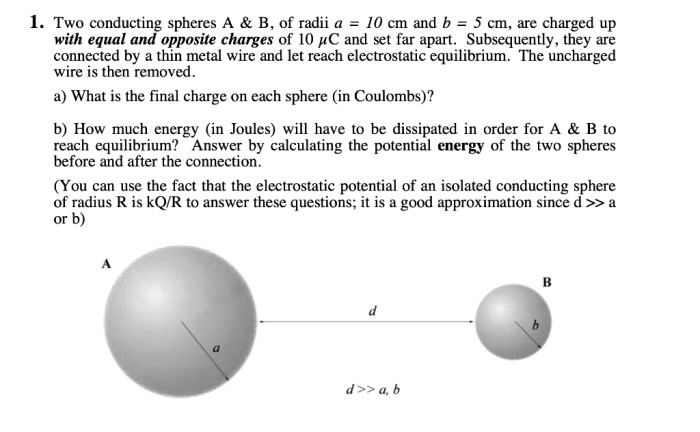 Two small metal spheres are connected by a wire